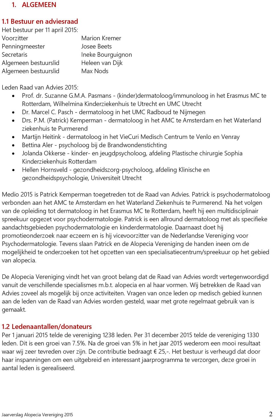 Nods Leden Raad van Advies 2015: Prof. dr. Suzanne G.M.A. Pasmans - (kinder)dermatoloog/immunoloog in het Erasmus MC te Rotterdam, Wilhelmina Kinderziekenhuis te Utrecht en UMC Utrecht Dr. Marcel C.