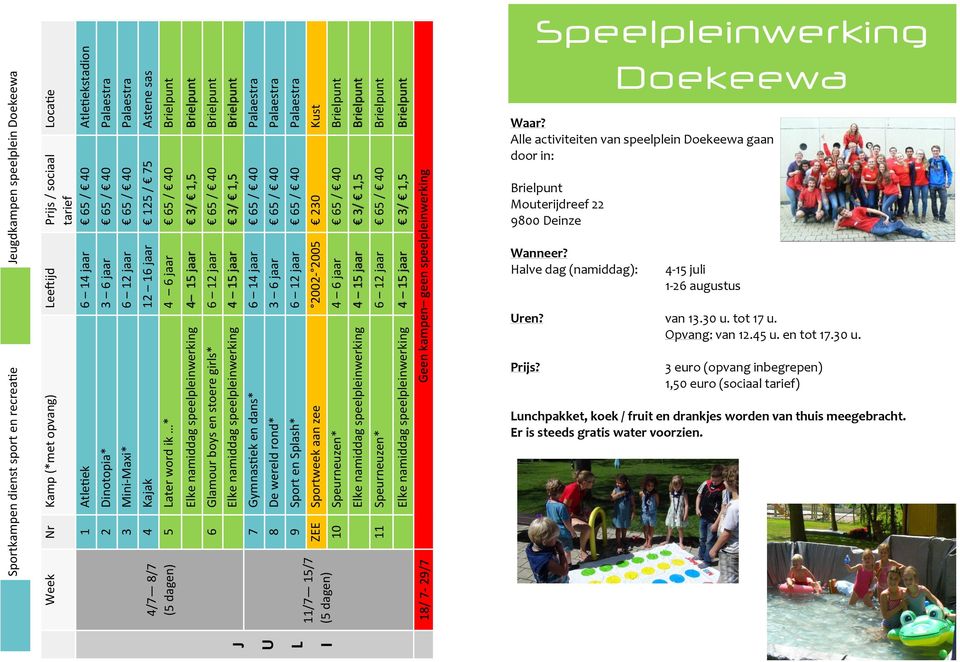 speelpleinwerking 4 15 jaar 3/ 1,5 6 Glamour boys en stoere girls* 6 12 jaar 65 / 40 Elke namiddag speelpleinwerking 4 15 jaar 3/ 1,5 7 Gymnastiek en dans* 6 14 jaar 65 / 40 Palaestra 8 De wereld