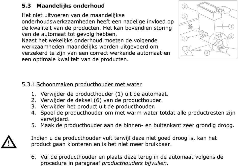 Naast het wekelijks onderhoud moeten de volgende werkzaamheden maandelijks worden uitgevoerd om verzekerd te zijn van een correct werkende automaat en een optimale kwaliteit van de producten. 5.3.