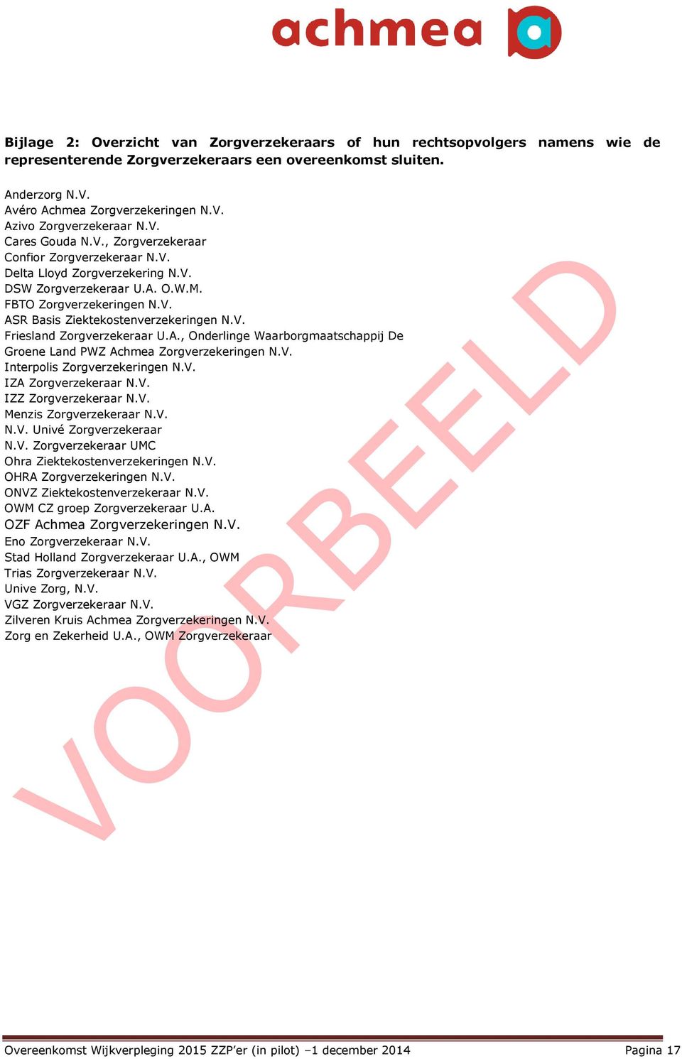 A., Onderlinge Waarborgmaatschappij De Groene Land PWZ Achmea Zorgverzekeringen N.V. Interpolis Zorgverzekeringen N.V. IZA Zorgverzekeraar N.V. IZZ Zorgverzekeraar N.V. Menzis Zorgverzekeraar N.V. N.V. Univé Zorgverzekeraar N.