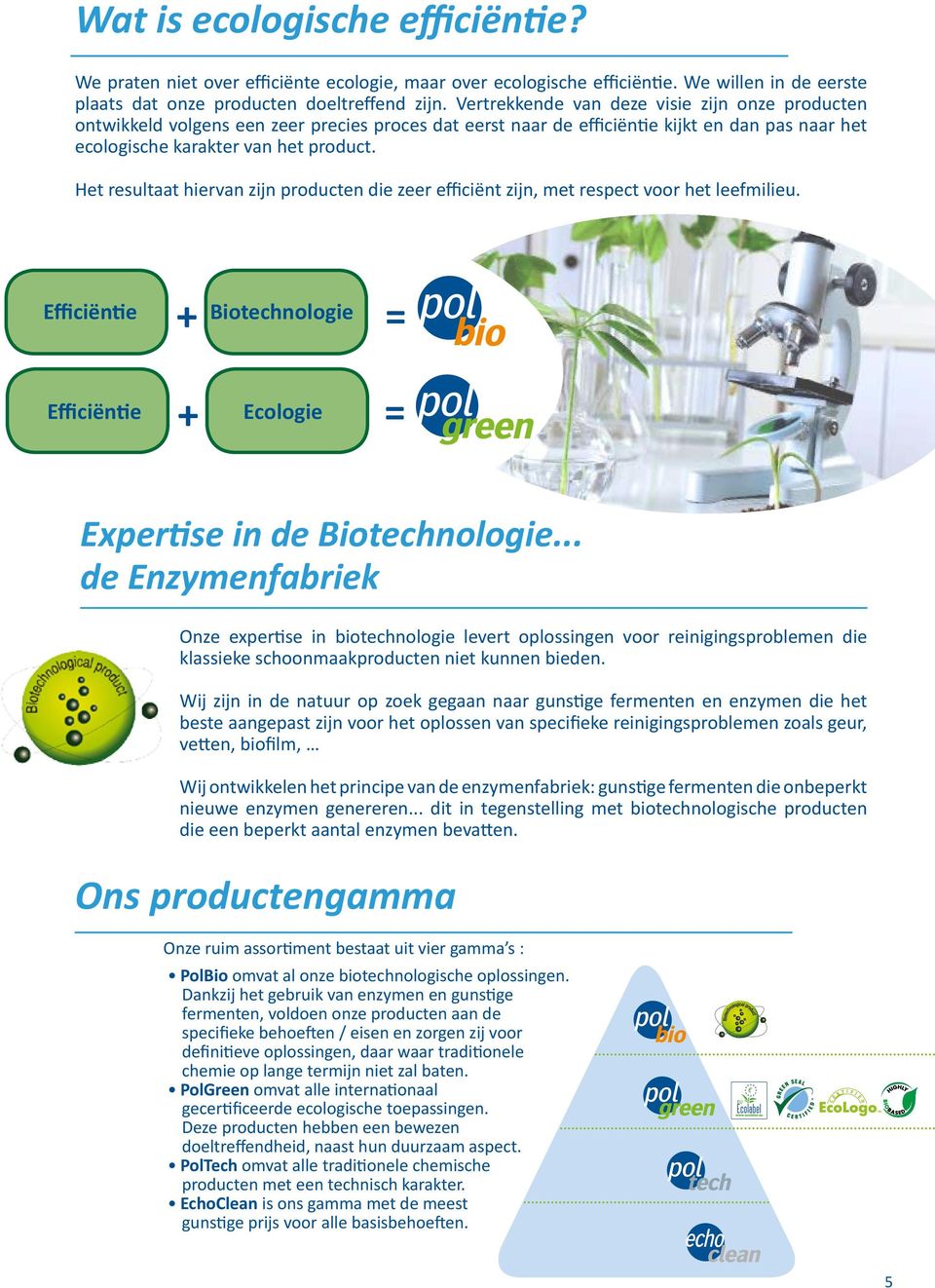 Het resultaat hiervan zijn producten die zeer efficiënt zijn, met respect voor het leefmilieu. Efficiëntie + Biotechnologie = Efficiëntie + Ecologie = Expertise in de Biotechnologie.