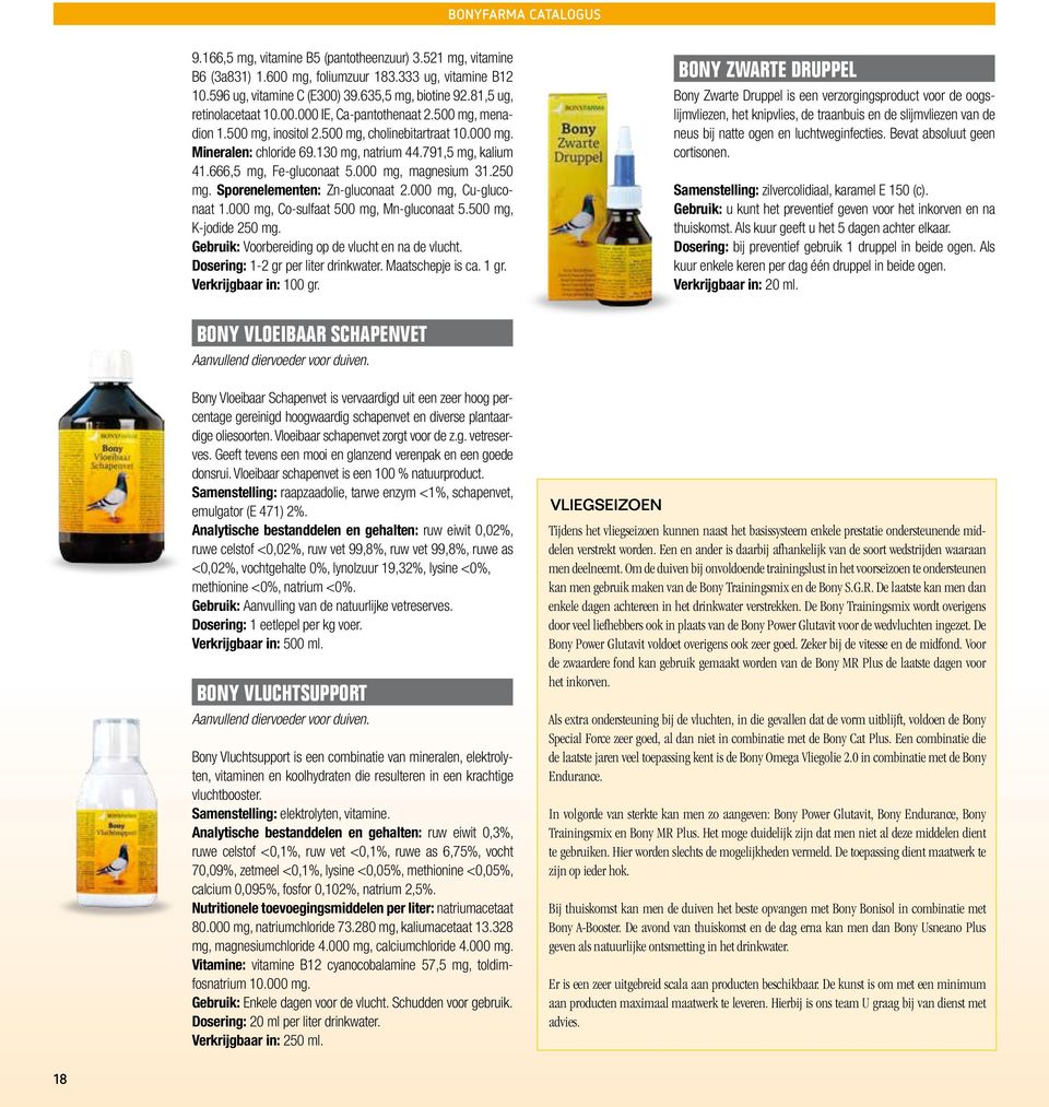 Sporenelementen: Zn-gluconaat 2.000 mg, Cu-gluconaat 1.000 mg, Co-sulfaat 500 mg, Mn-gluconaat 5.500 mg, K-jodide 250 mg. Gebruik: Voorbereiding op de vlucht en na de vlucht.