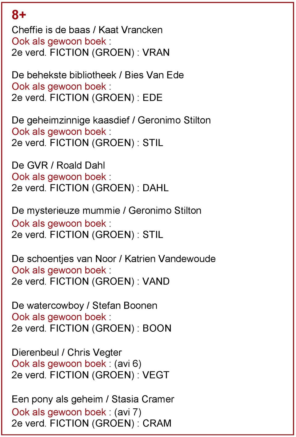 FICTION (GROEN) : DAHL De mysterieuze mummie / Geronimo Stilton 2e verd. FICTION (GROEN) : STIL De schoentjes van Noor / Katrien Vandewoude 2e verd.