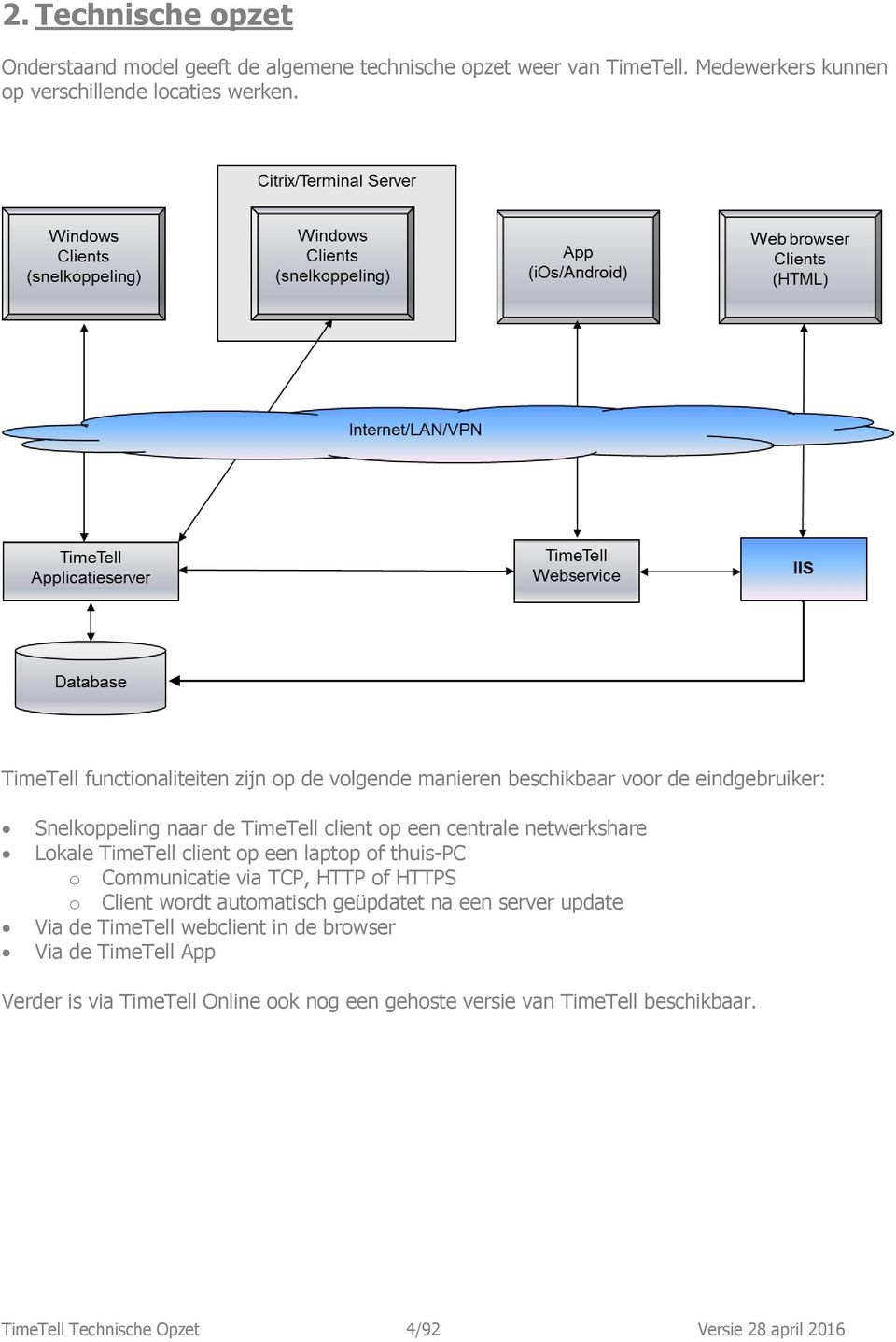 Lokale TimeTell client op een laptop of thuis-pc o Communicatie via TCP, HTTP of HTTPS o Client wordt automatisch geüpdatet na een server update Via de TimeTell