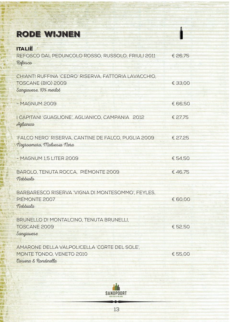Negroamaro, Malvasia Nera - Magnum 1,5 liter 2009 54,50 Barolo, Tenuta Rocca, Piëmonte 2009 46,75 Nebbiolo Barbaresco Riserva Vigna di Montesommo, Feyles, Piëmonte 2007