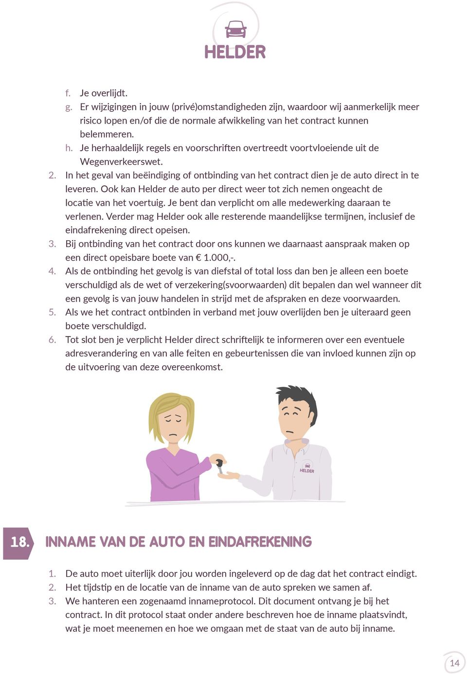 In het geval van beëindiging of ontbinding van het contract dien je de auto direct in te leveren. Ook kan Helder de auto per direct weer tot zich nemen ongeacht de locatie van het voertuig.