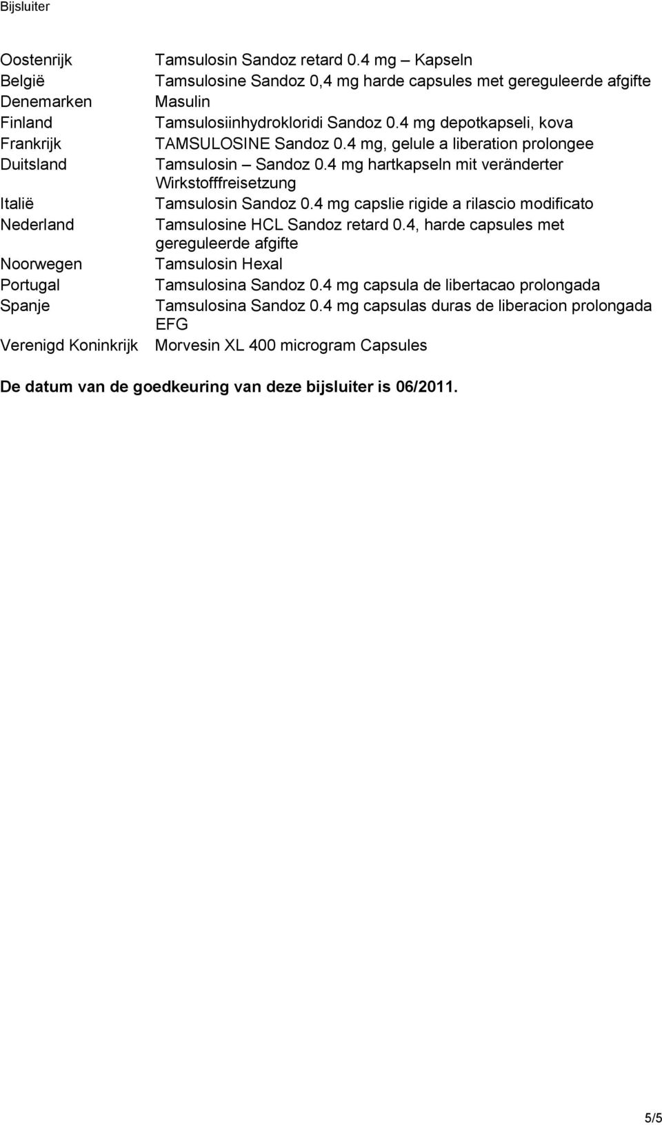 4 mg, gelule a liberation prolongee Tamsulosin Sandoz 0.4 mg hartkapseln mit veränderter Wirkstofffreisetzung Tamsulosin Sandoz 0.