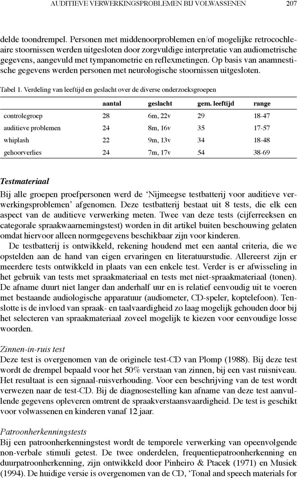 reflexmetingen. Op basis van anamnestische gegevens werden personen met neurologische stoornissen uitgesloten. Tabel 1.