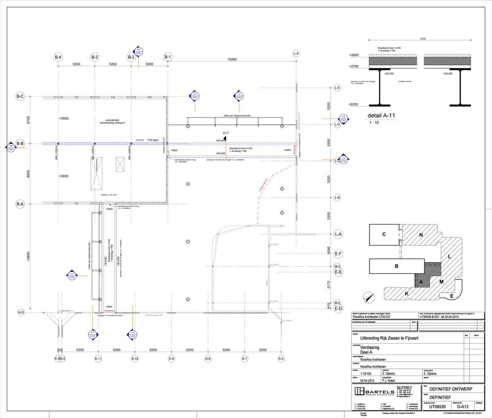 7-6.3 luifel van staalconstructie prefab betontrap veranderlijke vloerbelasting 250kg/m² opleggen in de wand HA550 +3950 Staalbetonvloer h=50 + druklaag =160 +3950 deursparing HA550 sparingen in het