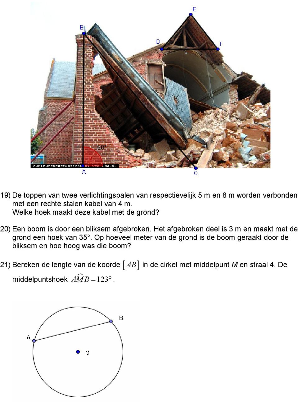 Het afgebroken deel is 3 m en maakt met de grond een hoek van 35.