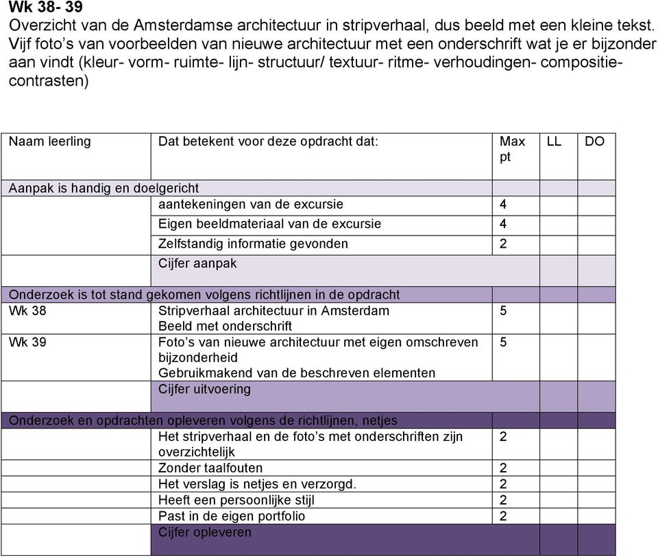 compositiecontrasten) Naam leerling Dat betekent voor deze opdracht dat: Max aantekeningen van de excursie 4 Eigen beeldmateriaal van de excursie 4 Wk 38 Stripverhaal architectuur in