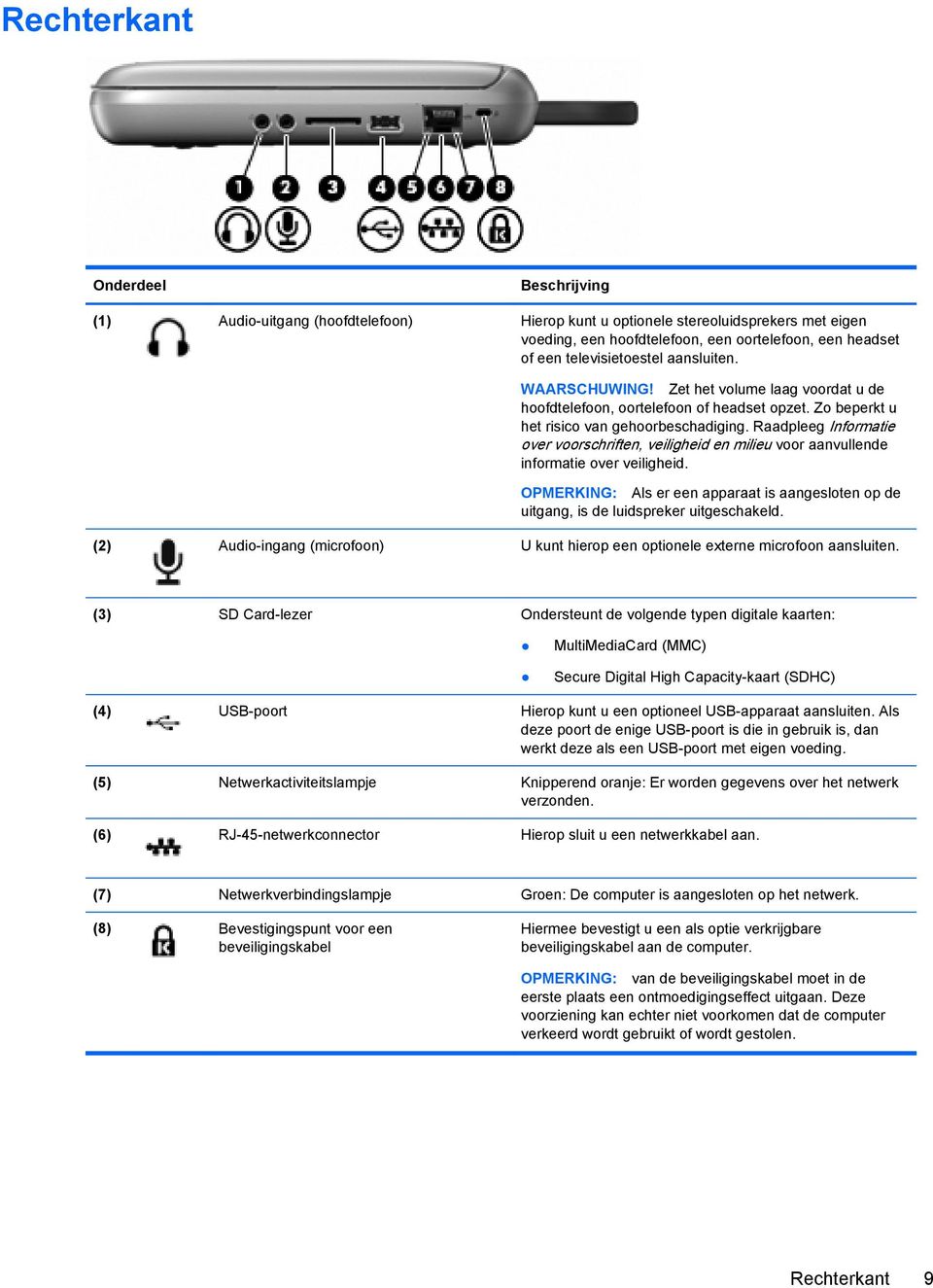 Raadpleeg Informatie over voorschriften, veiligheid en milieu voor aanvullende informatie over veiligheid. OPMERKING: Als er een apparaat is aangesloten op de uitgang, is de luidspreker uitgeschakeld.