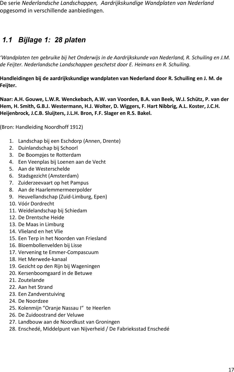 Schuiling. Handleidingen bij de aardrijkskundige wandplaten van Nederland door R. Schuiling en J. M. de Feijter. Naar: A.H. Gouwe, L.W.R. Wenckebach, A.W. van Voorden, B.A. van Beek, W.J. Schütz, P.