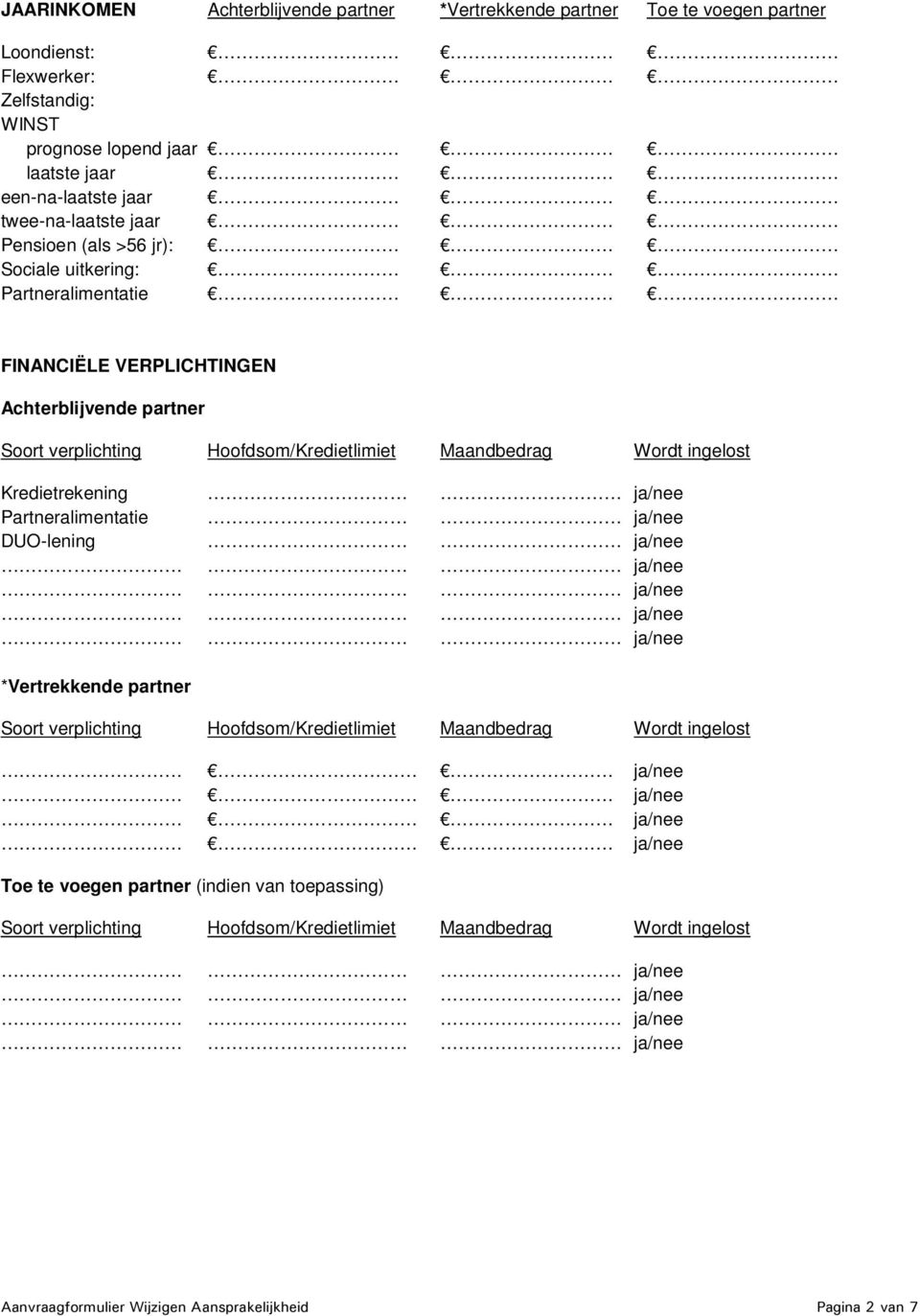 Maandbedrag Wordt ingelost Kredietrekening ja/nee Partneralimentatie ja/nee DUO-lening ja/nee *Vertrekkende partner Soort verplichting Hoofdsom/Kredietlimiet Maandbedrag Wordt