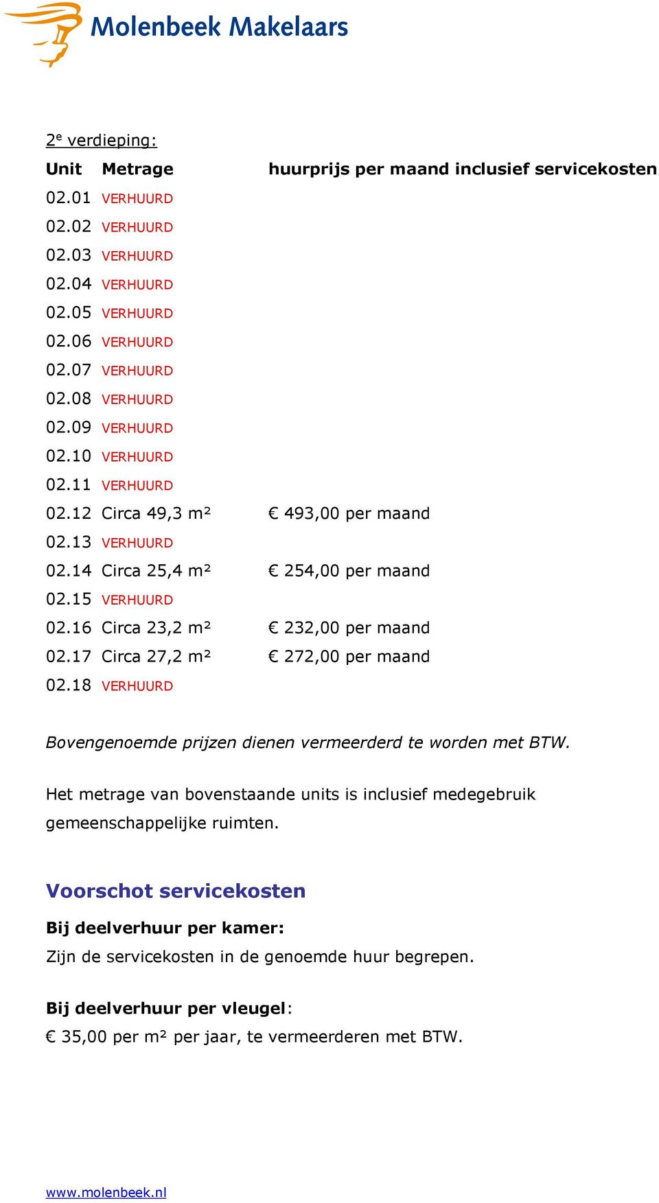 17 Circa 27,2 m² 272,00 per maand 02.18 Bovengenoemde prijzen dienen vermeerderd te worden met BTW.