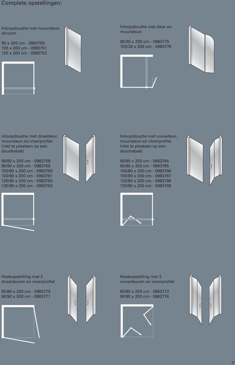 0983761 120/80 x 200 cm - 0983762 120/90 x 200 cm - 0983763 Inloopdouche met vouwdeur, muursteun en vloerprofiel (niet te plaatsen op een douchebak) 90/80 x 200 cm - 0983764 90/90 x 200 cm - 0983765