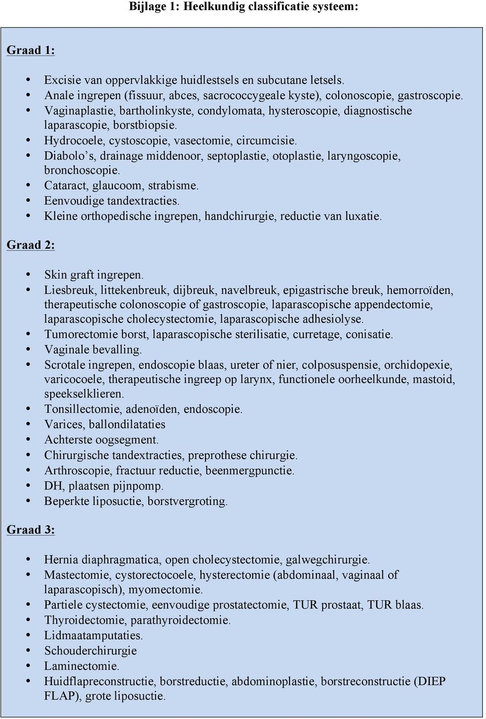 Diabolo s, drainage middenoor, septoplastie, otoplastie, laryngoscopie, bronchoscopie. Cataract, glaucoom, strabisme. Eenvoudige tandextracties.