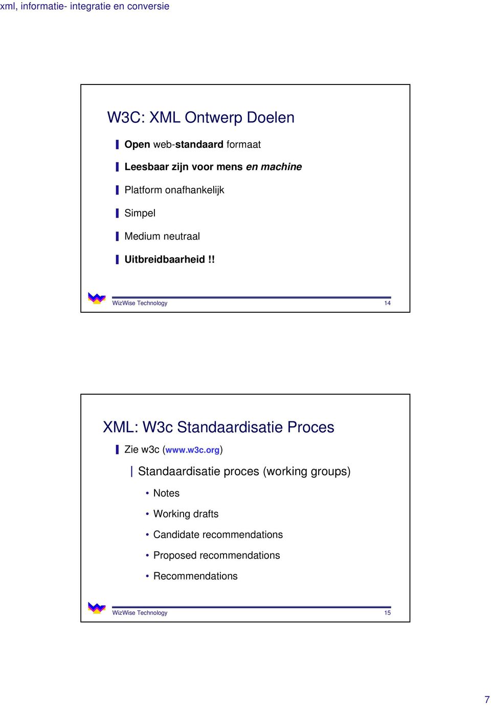 ! WizWise Technology 14 XML: W3c Standaardisatie Proces Zie w3c 