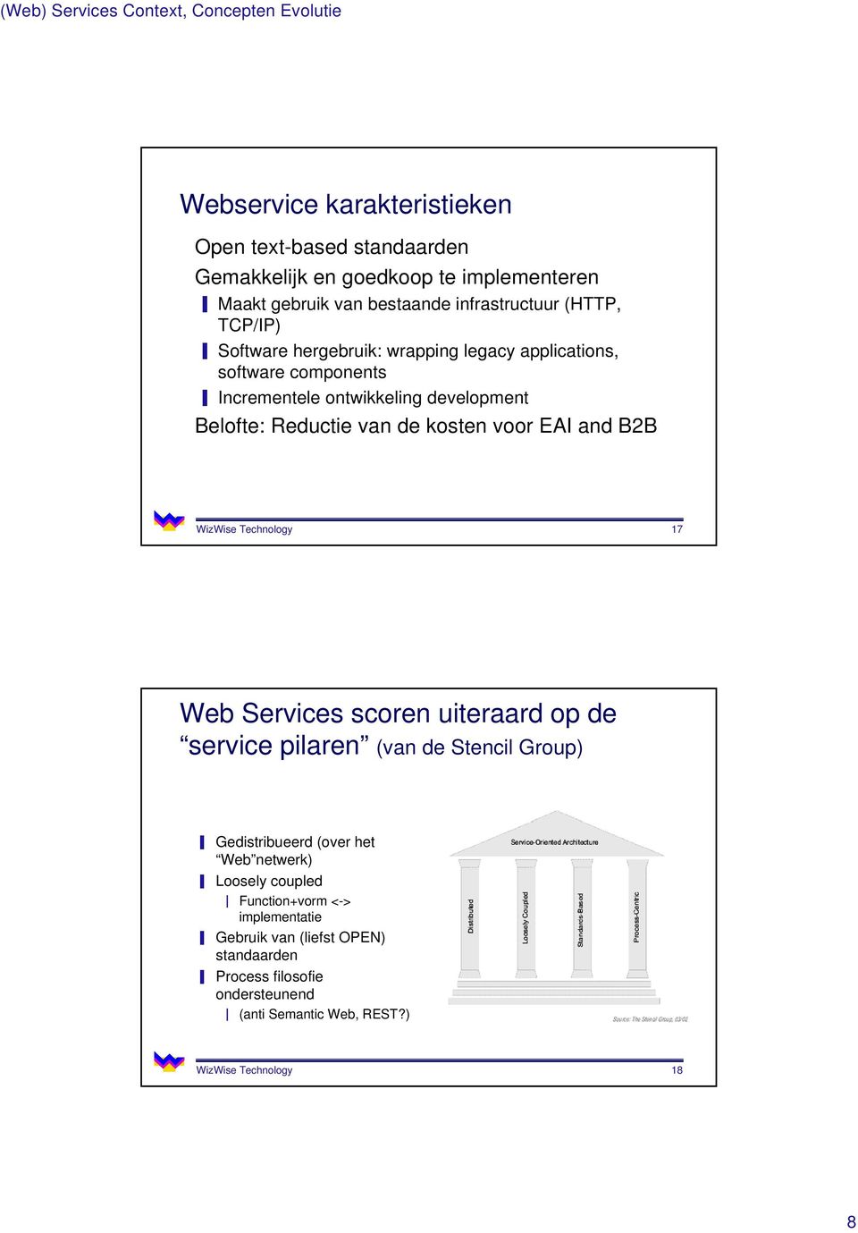 Reductie van de kosten voor EAI and B2B WizWise Technology 17 Web Services scoren uiteraard op de service pilaren (van de Stencil Group) Gedistribueerd (over het