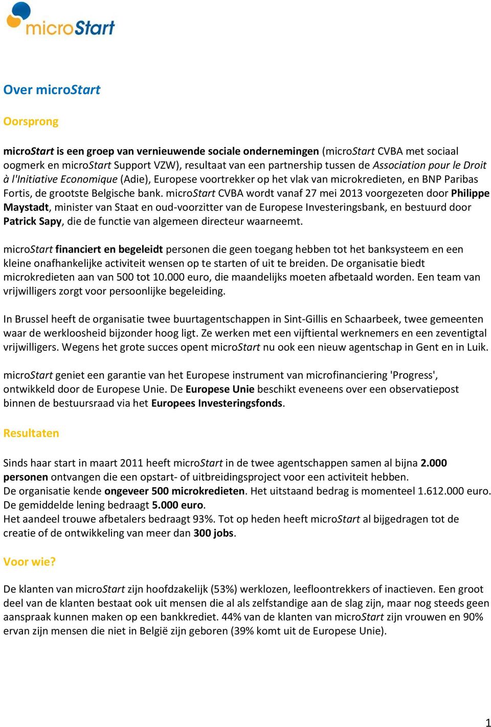 microstart CVBA wordt vanaf 27 mei 2013 voorgezeten door Philippe Maystadt, minister van Staat en oud-voorzitter van de Europese Investeringsbank, en bestuurd door Patrick Sapy, die de functie van