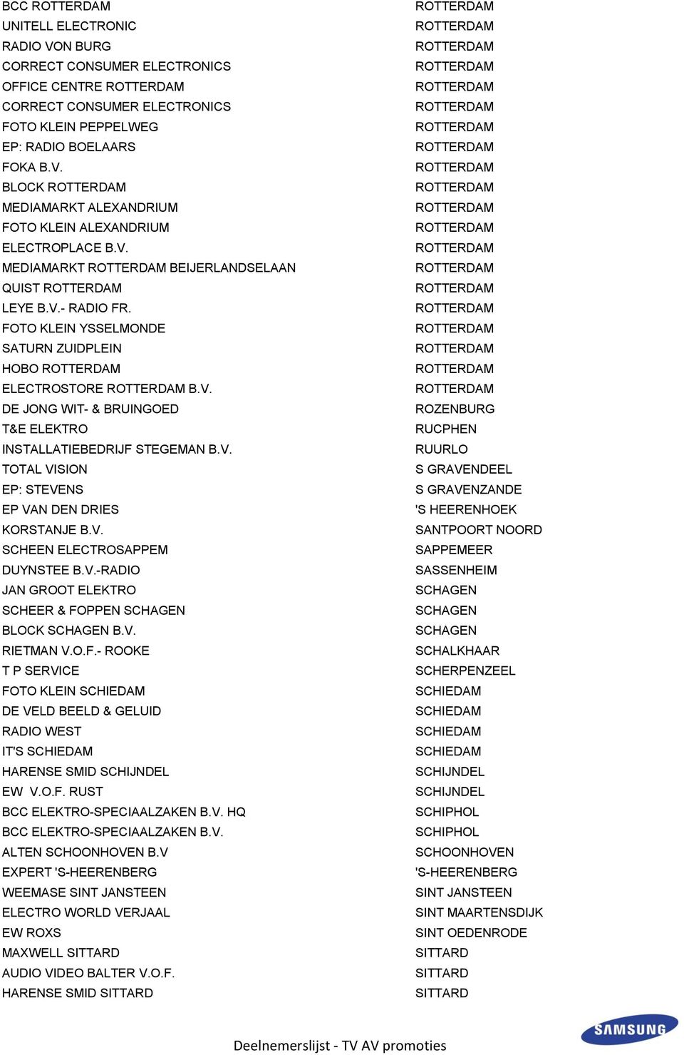 V. SCHEEN ELECTROSAPPEM DUYNSTEE B.V.-RADIO JAN GROOT ELEKTRO SCHEER & FOPPEN SCHAGEN BLOCK SCHAGEN B.V. RIETMAN V.O.F.- ROOKE T P SERVICE FOTO KLEIN SCHIEDAM DE VELD BEELD & GELUID RADIO WEST IT'S SCHIEDAM HARENSE SMID SCHIJNDEL EW V.
