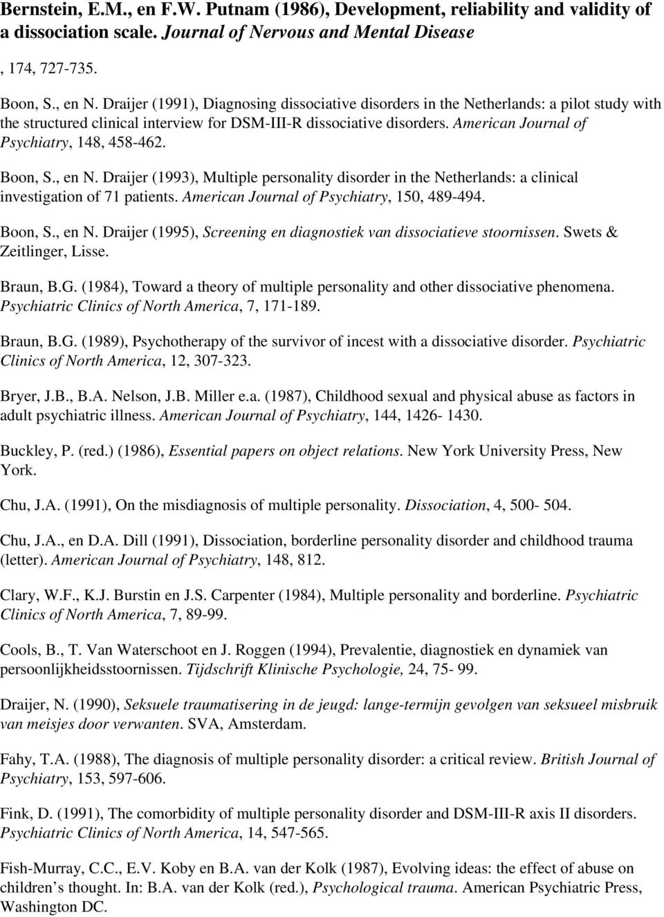 American Journal of Psychiatry, 148, 458-462. Boon, S., en N. Draijer (1993), Multiple personality disorder in the Netherlands: a clinical investigation of 71 patients.