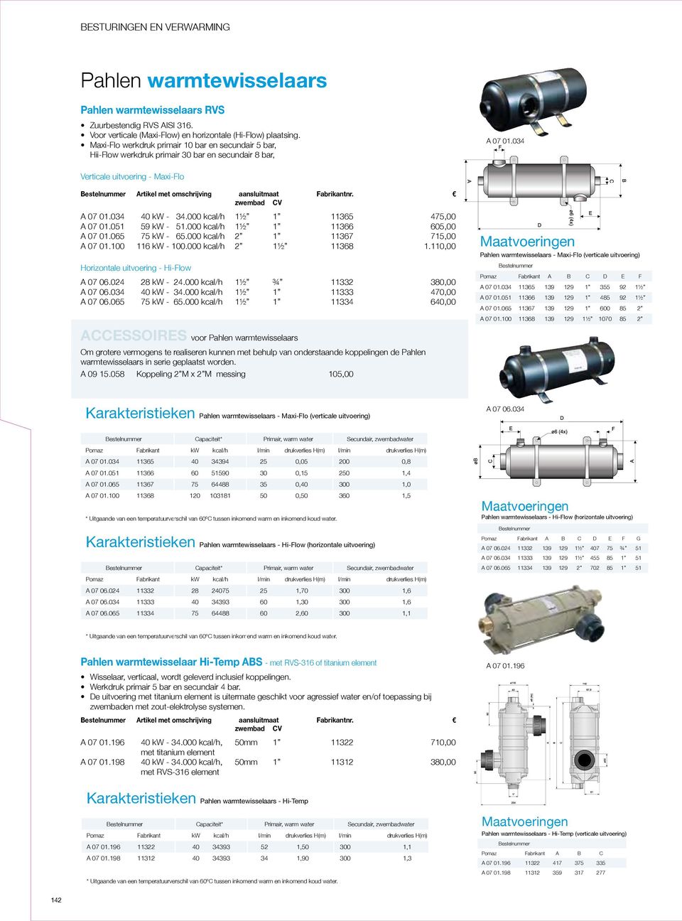 034 Verticale uitvoering - Maxi-Flo Bestelnummer Artikel met omschrijving aansluitmaat Fabrikantnr. zwembad CV A 0 01.034 40 kw - 34.000 kcal/h 1½ 1 11365 45,00 A 0 01.051 59 kw - 51.