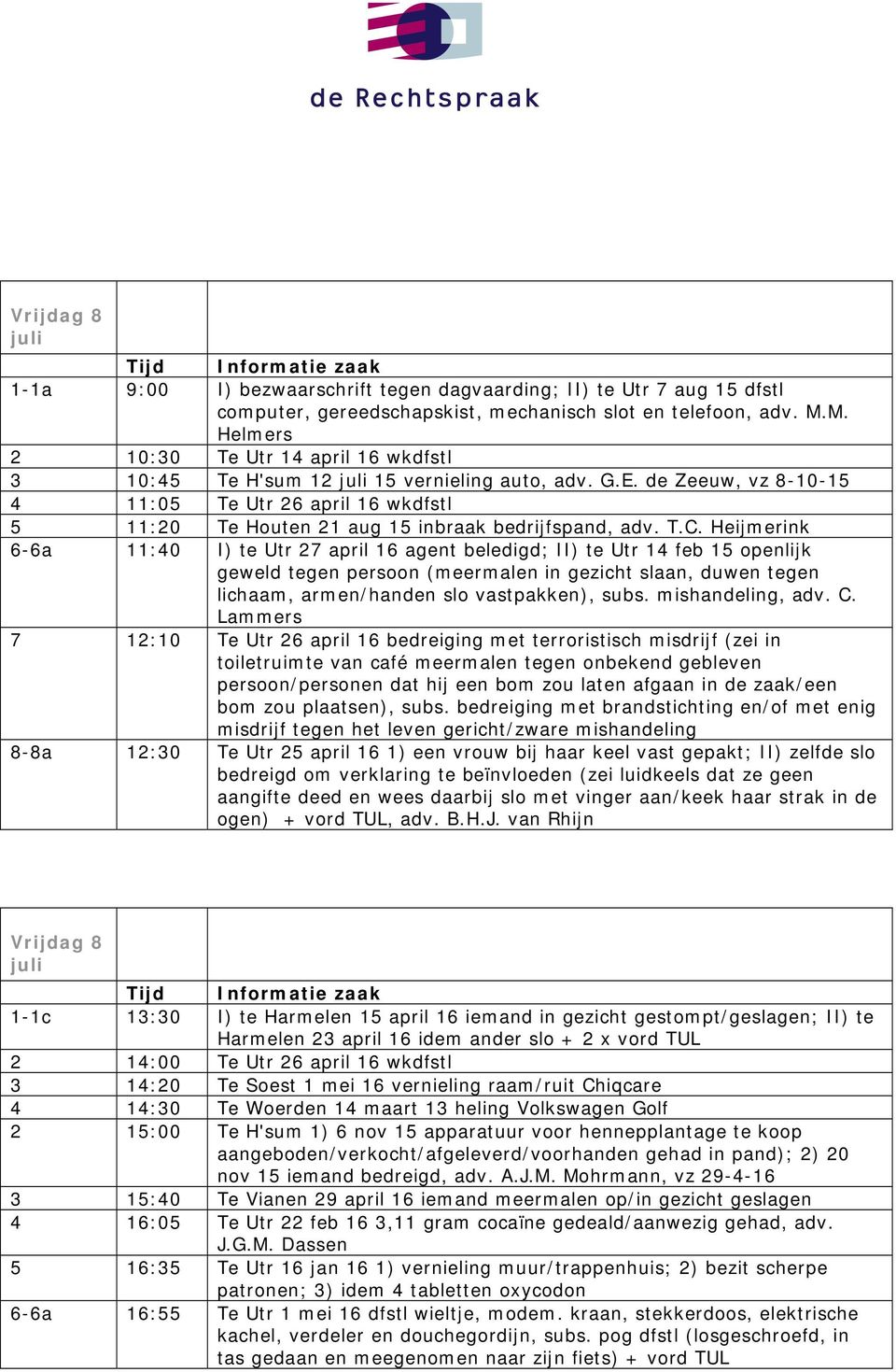 de Zeeuw, vz 8-10-15 4 11:05 Te Utr 26 april 16 wkdfstl 5 11:20 Te Houten 21 aug 15 inbraak bedrijfspand, adv. T.C.