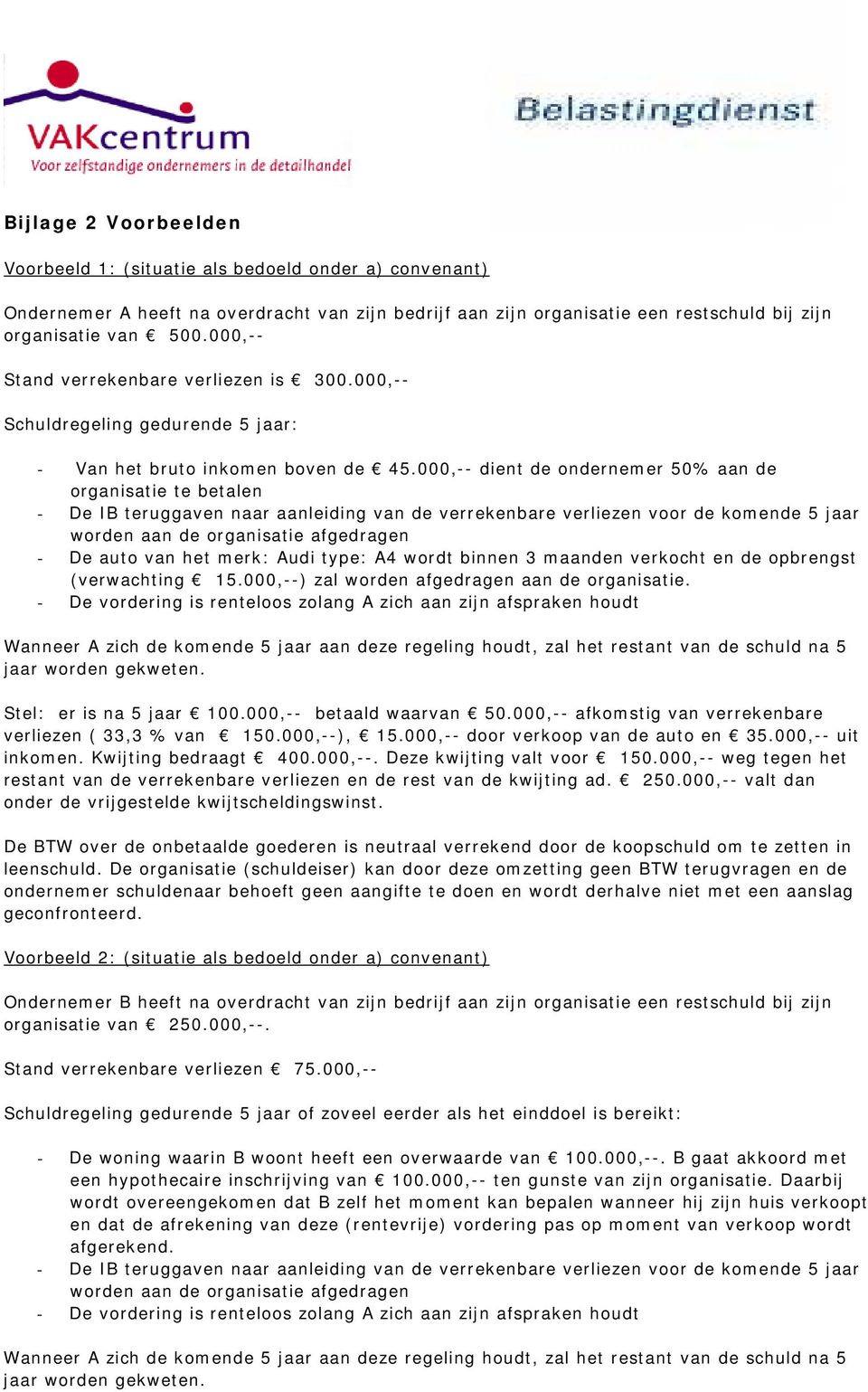 000,-- dient de ondernemer 50% aan de organisatie te betalen - De IB teruggaven naar aanleiding van de verrekenbare verliezen voor de komende 5 jaar worden aan de organisatie afgedragen - De auto van