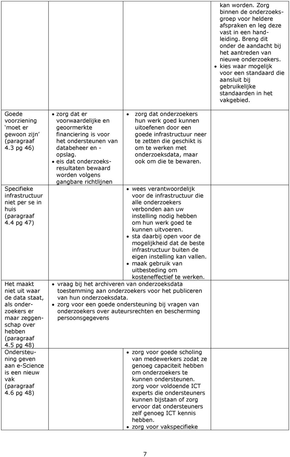 3 pg 46) Specifieke infrastructuur niet per se in huis (paragraaf 4.4 pg 47) Het maakt niet uit waar de data staat, als onderzoekers er maar zeggenschap over hebben (paragraaf 4.