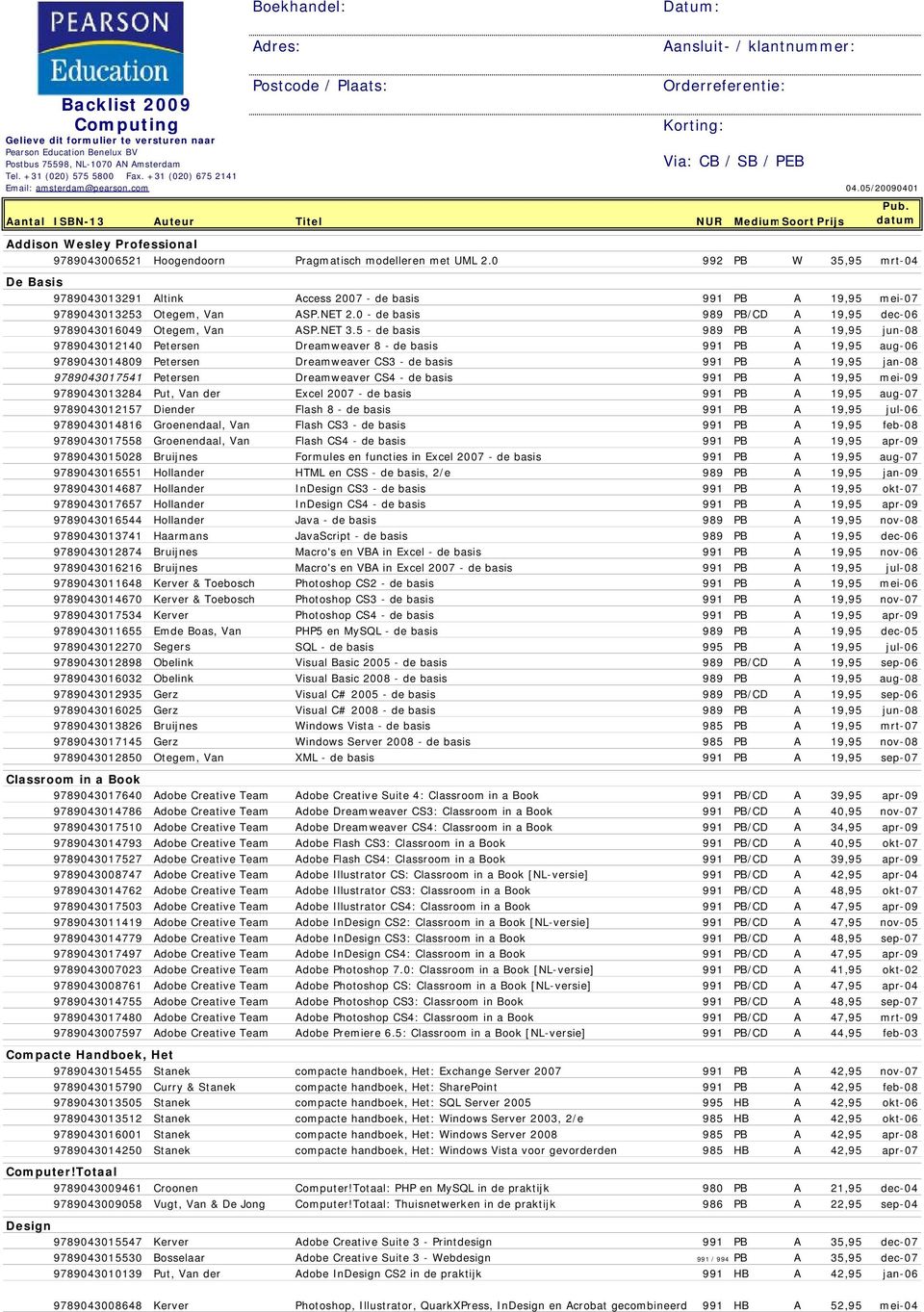 05/20090401 Aantal ISBN-13 Auteur Titel NUR MediumSoort Prijs Addison Wesley Professional 9789043006521 Hoogendoorn Pragmatisch modelleren met UML 2.