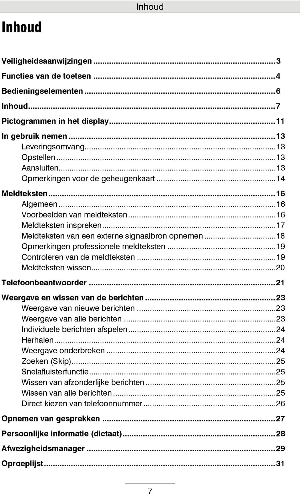 .. 17 Meldteksten van een externe signaalbron opnemen... 18 Opmerkingen professionele meldteksten... 19 Controleren van de meldteksten... 19 Meldteksten wissen... 20 Telefoonbeantwoorder.