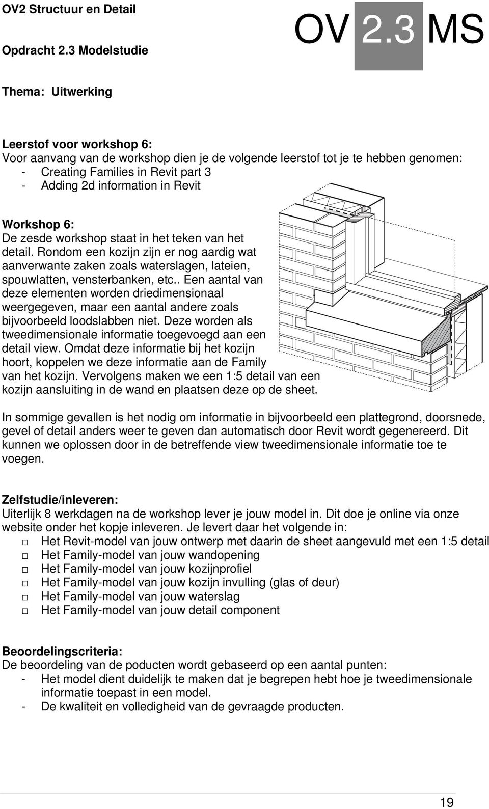 Revit Workshop 6: De zesde workshop staat in het teken van het detail. Rondom een kozijn zijn er nog aardig wat aanverwante zaken zoals waterslagen, lateien, spouwlatten, vensterbanken, etc.