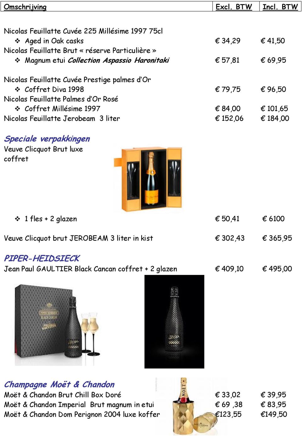 Speciale verpakkingen Veuve Clicquot Brut luxe coffret 1 fles + 2 glazen 50,41 6100 Veuve Clicquot brut JEROBEAM 3 liter in kist 302,43 365,95 PIPER-HEIDSIECK Jean Paul GAULTIER Black Cancan