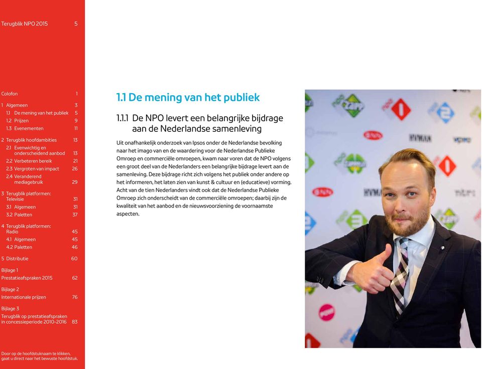 1.1 De mening van het publiek 1.1.1 De NPO levert een belangrijke bijdrage aan de Nederlandse samenleving Uit onafhankelijk onderzoek van Ipsos onder de Nederlandse bevolking naar het imago
