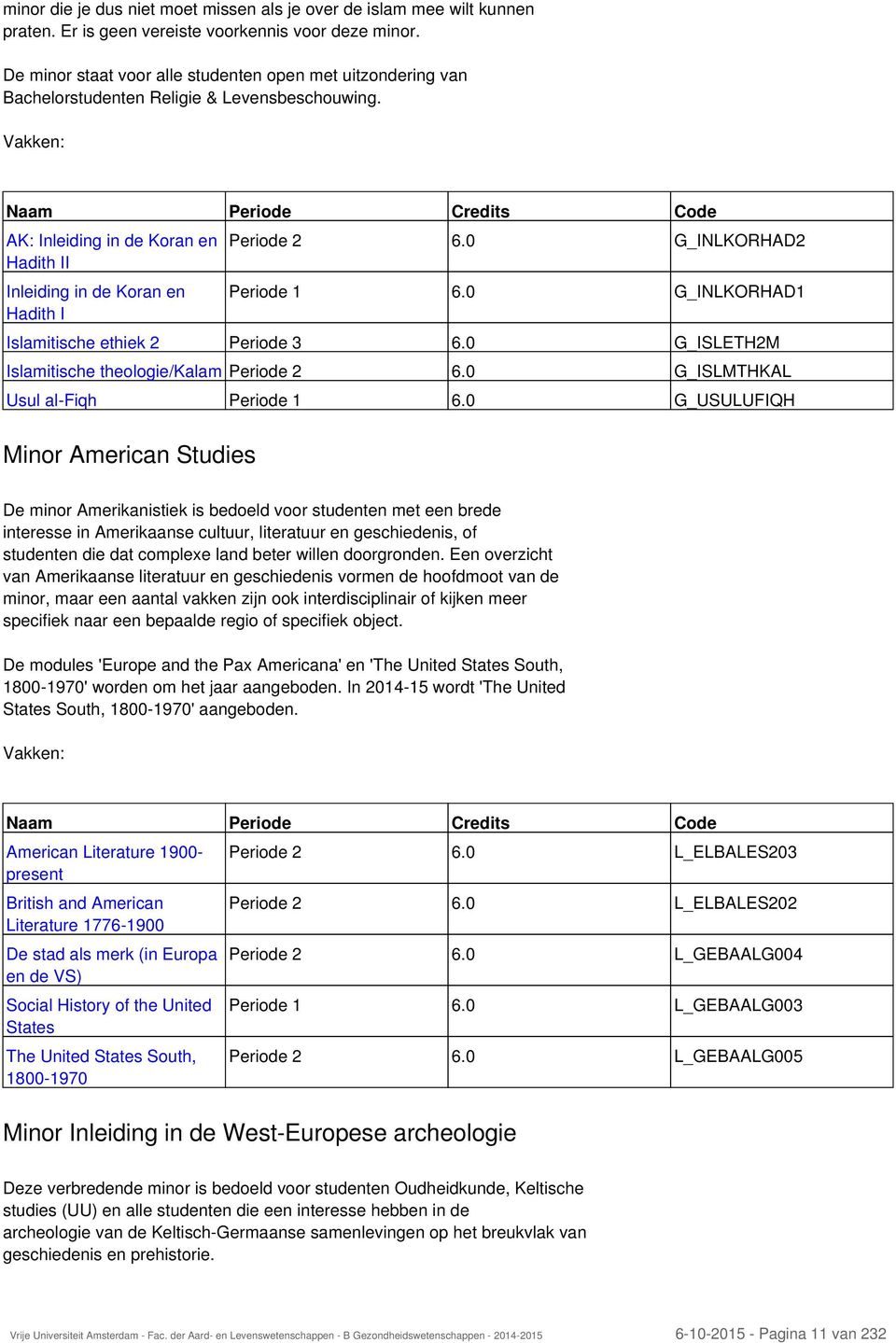 Vakken: Naam Periode Credits Code AK: Inleiding in de Koran en Hadith II Inleiding in de Koran en Hadith I Minor American Studies Periode 2 6.0 G_INLKORHAD2 Periode 1 6.