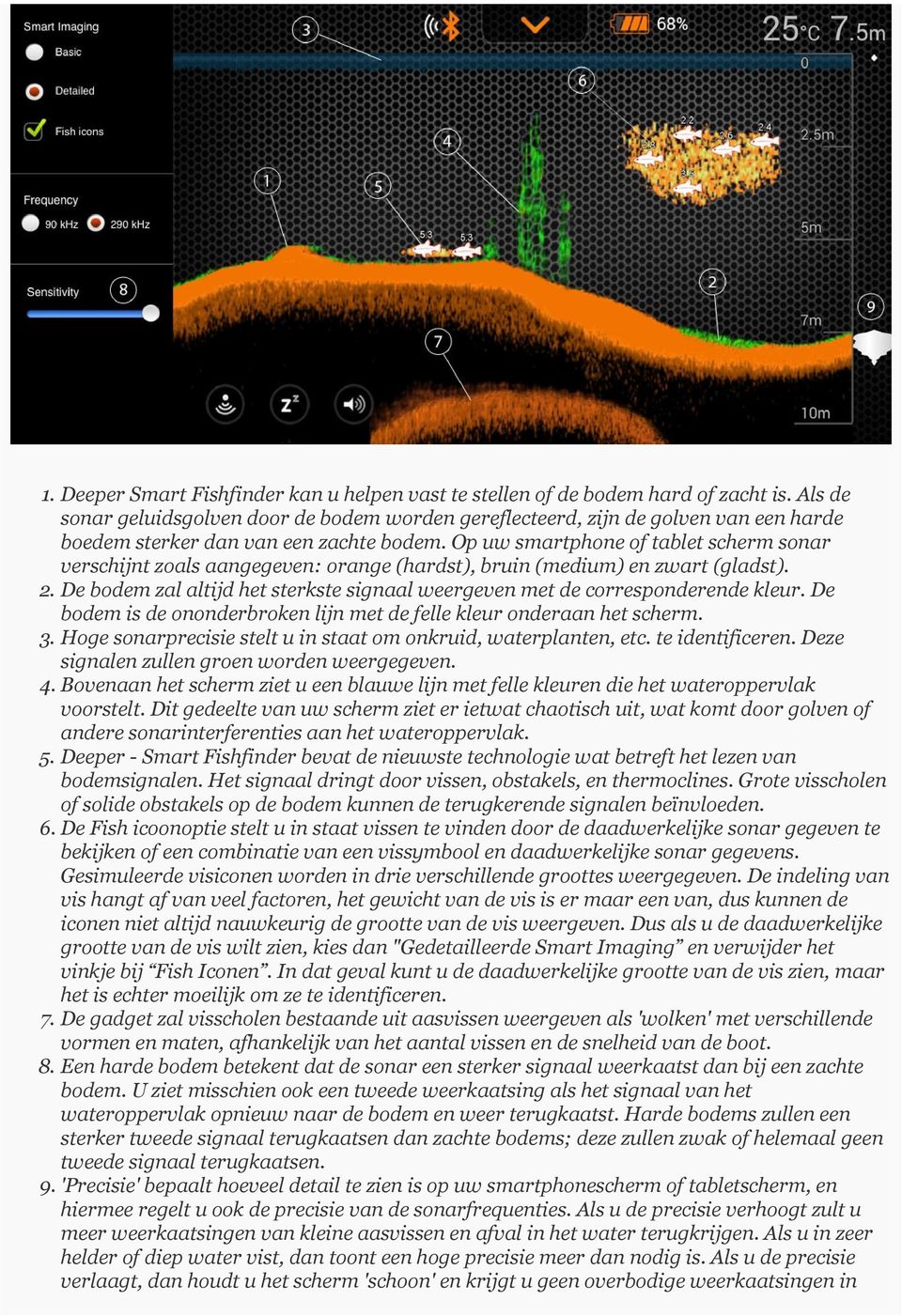 Op uw smartphone of tablet scherm sonar verschijnt zoals aangegeven: orange (hardst), bruin (medium) en zwart (gladst). 2.