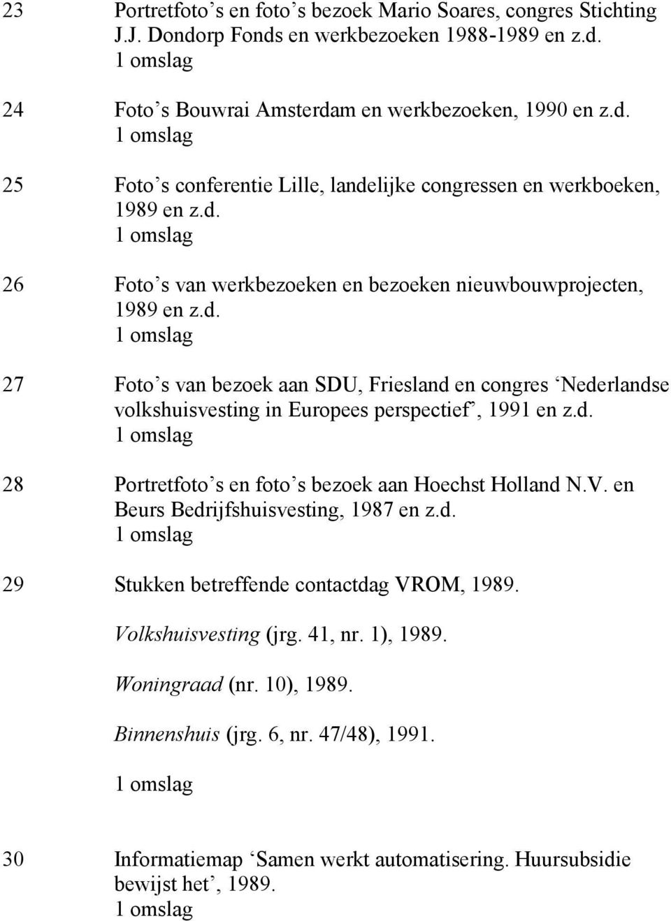 V. en Beurs Bedrijfshuisvesting, 1987 en z.d. 29 Stukken betreffende contactdag VROM, 1989. Volkshuisvesting (jrg. 41, nr. 1), 1989. Woningraad (nr. 10), 1989. Binnenshuis (jrg. 6, nr.