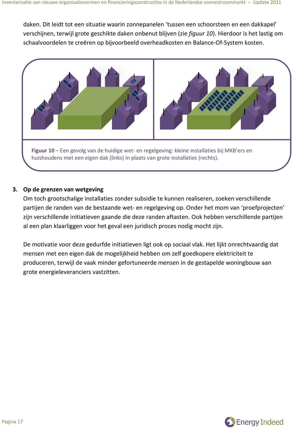 Figuur 10 Een gevolg van de huidige wet- en regelgeving: kleine installaties bij MKB ers en huishoudens met een eigen dak (links) in plaats van grote installaties (rechts). 3.