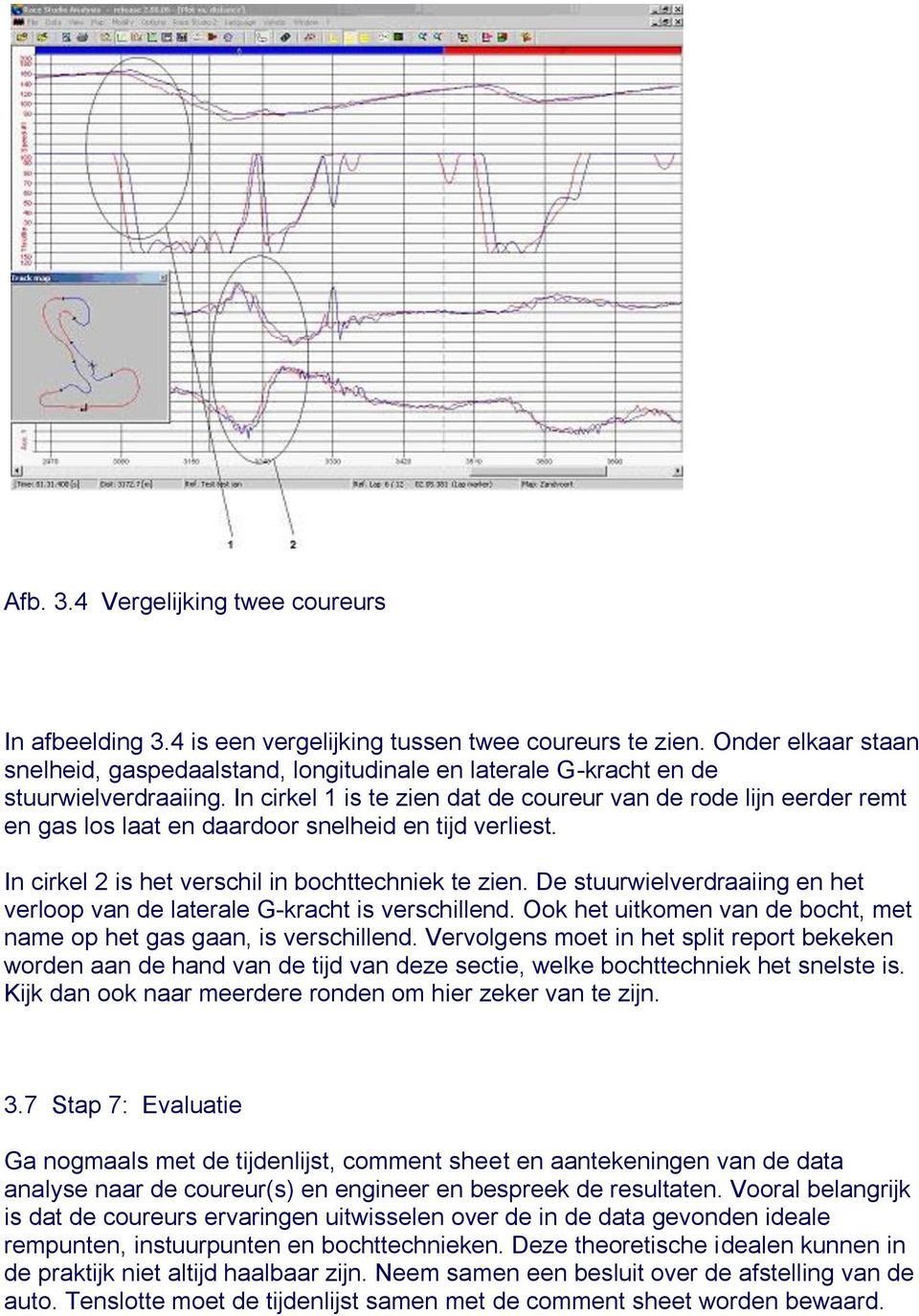 In cirkel 1 is te zien dat de coureur van de rode lijn eerder remt en gas los laat en daardoor snelheid en tijd verliest. In cirkel 2 is het verschil in bochttechniek te zien.