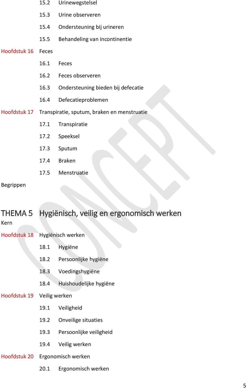 4 Braken 17.5 Menstruatie THEMA 5 Hygiënisch, veilig en ergonomisch werken Hoofdstuk 18 Hygiënisch werken 18.1 Hygiëne 18.2 Persoonlijke hygiëne 18.3 Voedingshygiëne 18.