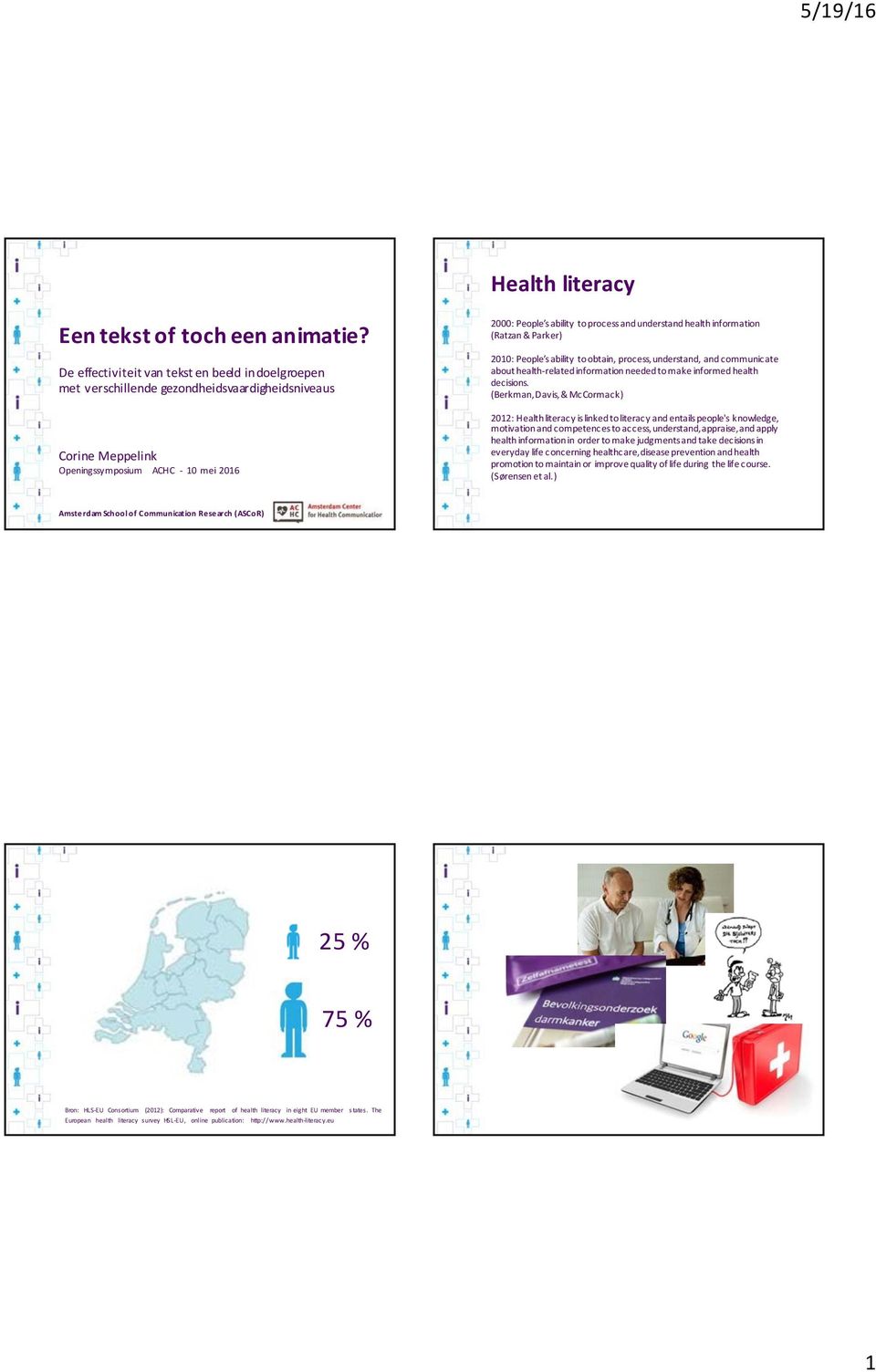 understand health information (Ratzan & Parker) 2010: People s ability to obtain, process, understand, and communicate about health-related information needed to make informed health decisions.