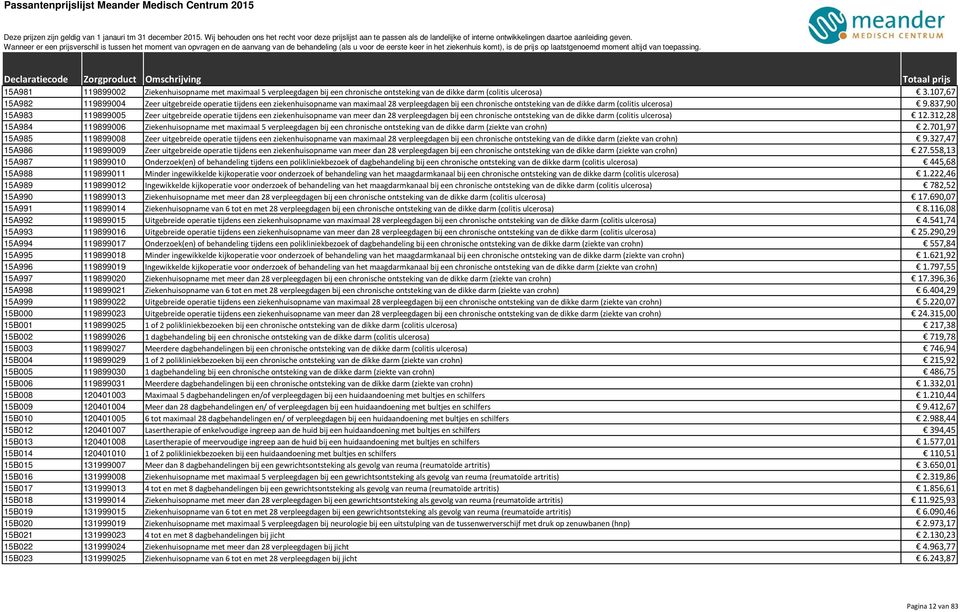 837,90 15A983 119899005 Zeer uitgebreide operatie tijdens een ziekenhuisopname van meer dan 28 verpleegdagen bij een chronische ontsteking van de dikke darm (colitis ulcerosa) 12.