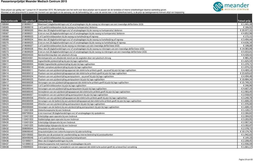 dotteren 20.977,32 15B367 219699021 6 tot en met 28 dagbehandelingen en/ of verpleegdagen bij de nazorg na hartoperatie/ dotteren 4.