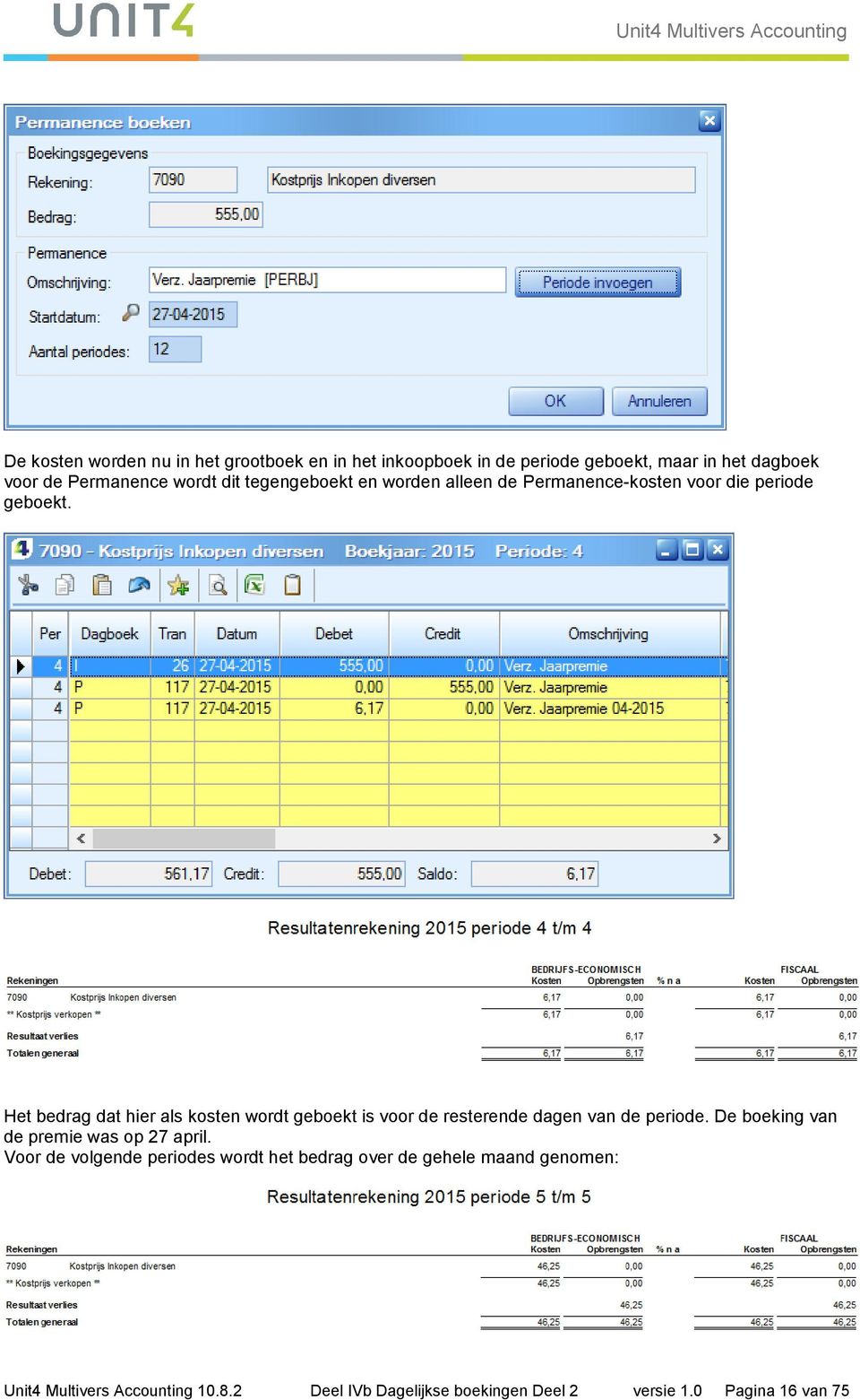 Het bedrag dat hier als kosten wordt geboekt is voor de resterende dagen van de periode.