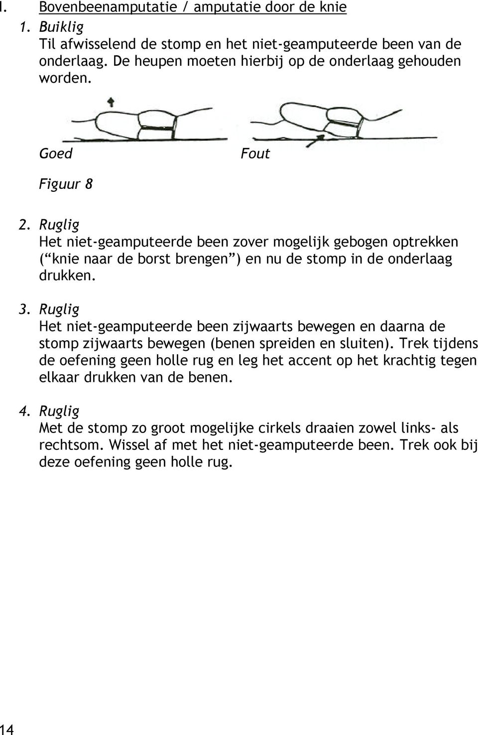 Ruglig Het niet-geamputeerde been zijwaarts bewegen en daarna de stomp zijwaarts bewegen (benen spreiden en sluiten).