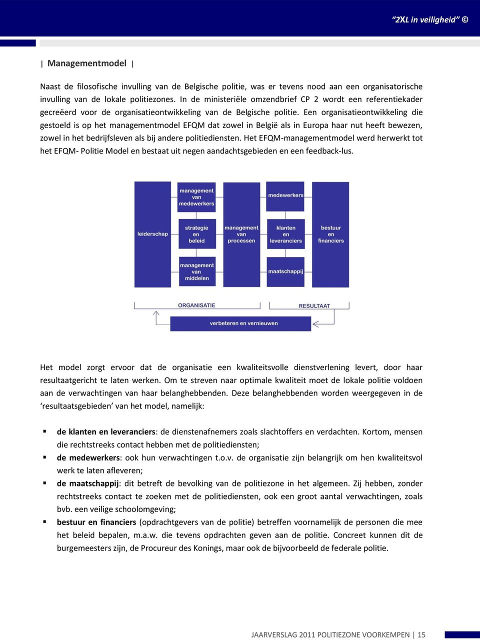 Een organisatieontwikkeling die gestoeld is op het managementmodel EFQM dat zowel in België als in Europa haar nut heeft bewezen, zowel in het bedrijfsleven als bij andere politiediensten.