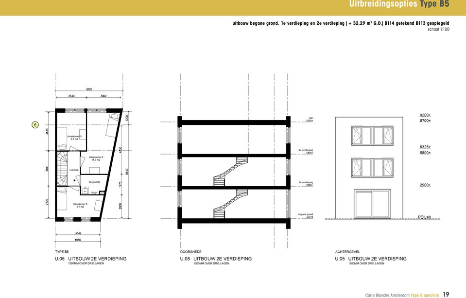 slaapkamer 3 9,7 m2 begane grond peil=0 PEIL=0 TYPE B5 U.05 UITBOUW 2E VERDIEPING 1200MM OVER DRIE LAGEN DOORSNEDE U.