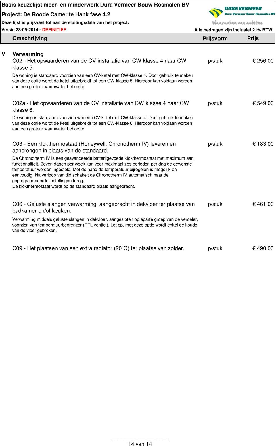 256,00 C02a - Het opwaarderen van de CV installatie van CW klasse 4 naar CW klasse 6. 549,00 De woning is standaard voorzien van een CV-ketel met CW-klasse 4.