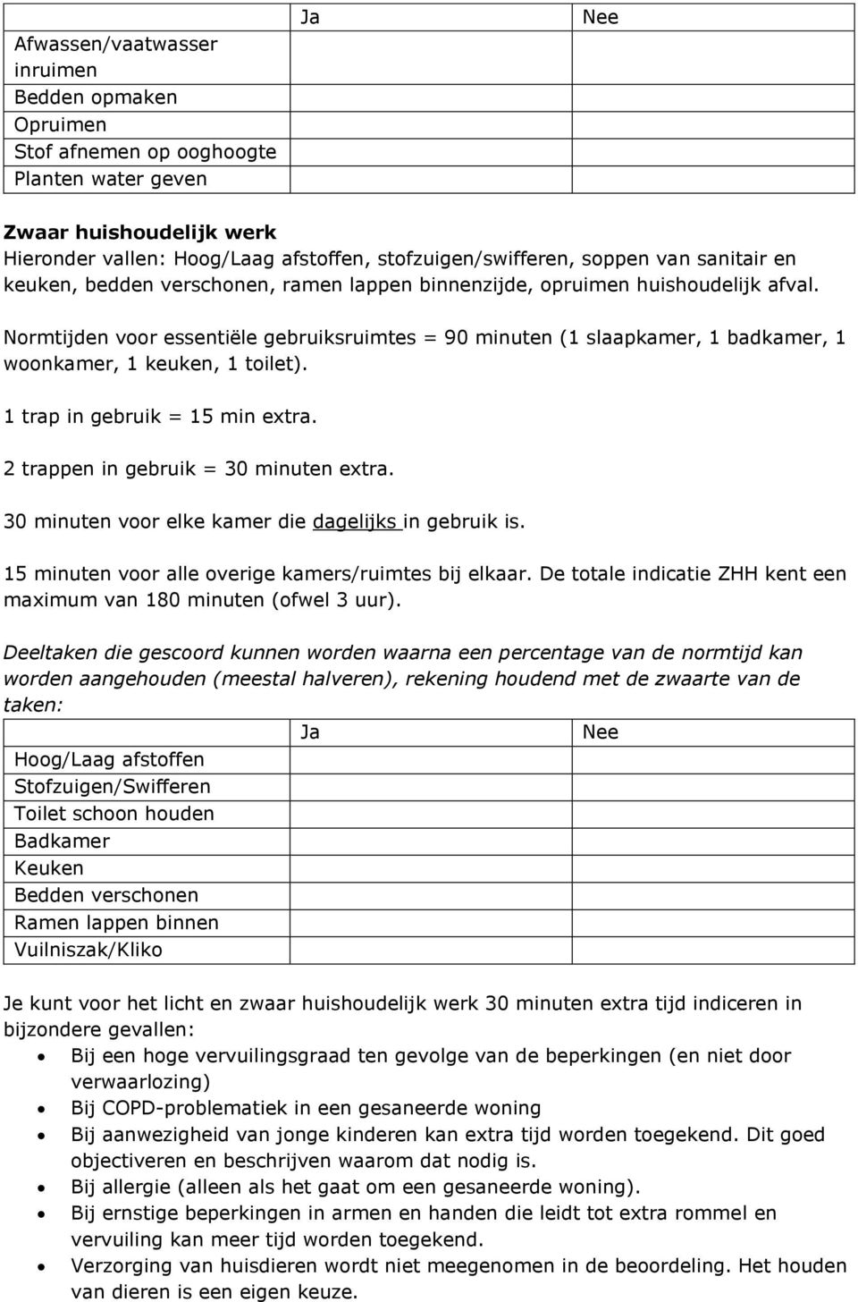 Normtijden voor essentiële gebruiksruimtes = 90 minuten (1 slaapkamer, 1 badkamer, 1 woonkamer, 1 keuken, 1 toilet). 1 trap in gebruik = 15 min extra. 2 trappen in gebruik = 30 minuten extra.